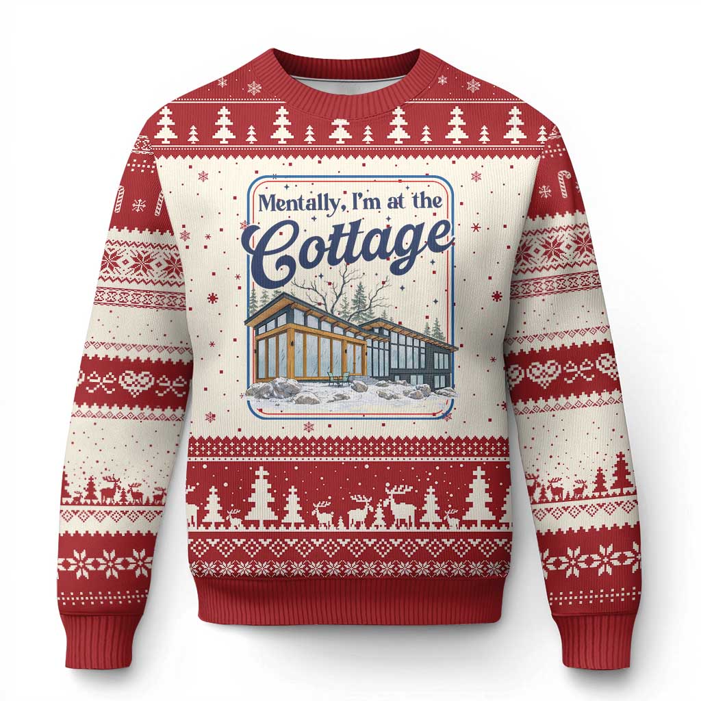 Mentally I'm at the Cottage Ugly Christmas Sweater Funny Hockey Romance