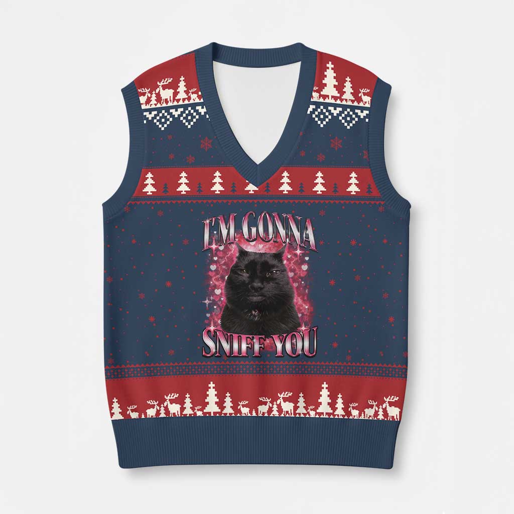 I'm Gonna Sniff You V-Neck Knit Sweater Vest Funny Black Cat Meme