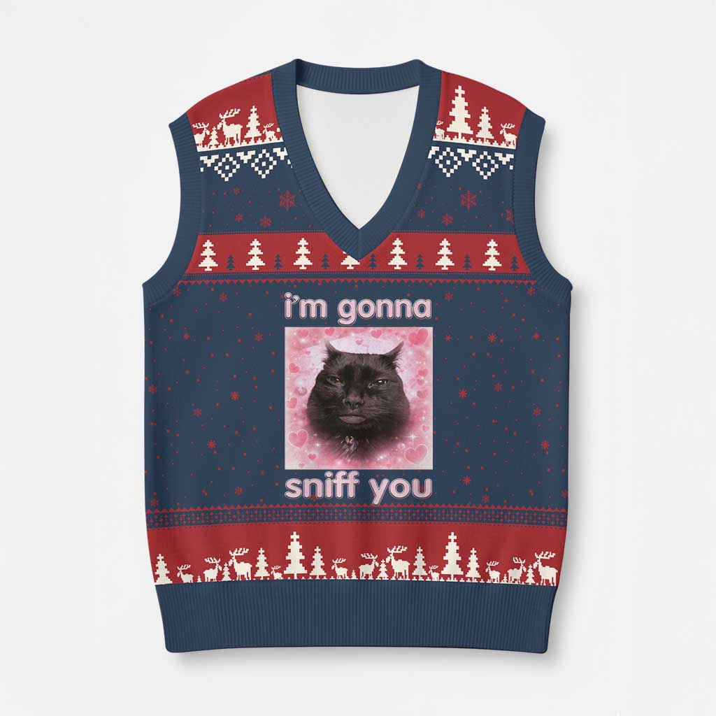 I'm Gonna Sniff You V-Neck Knit Sweater Vest Funny Black Cat Brainrot Meme
