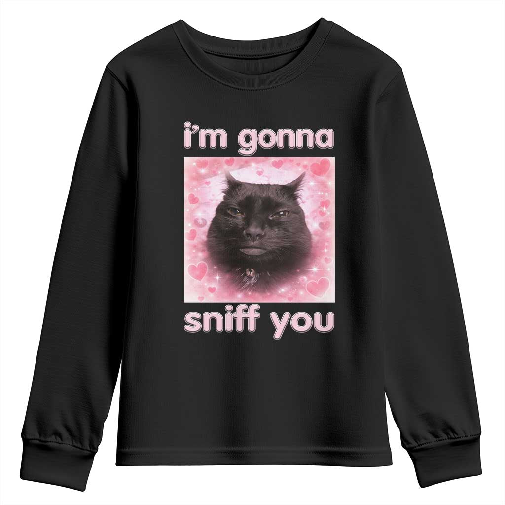 I'm Gonna Sniff You Youth Sweatshirt Funny Black Cat Brainrot Meme
