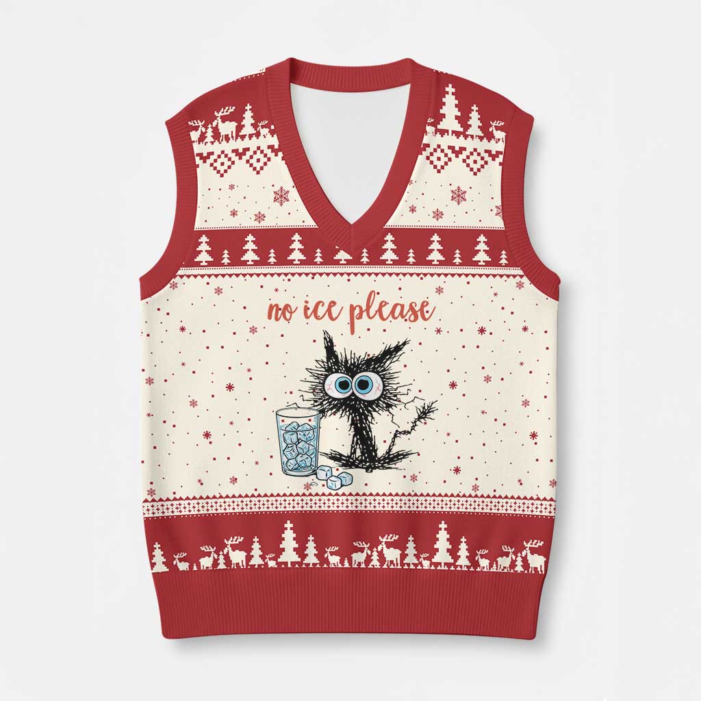 No Ice Please V-Neck Knit Sweater Vest Funny Black Cat Sarcastic Abolish ICE Meme