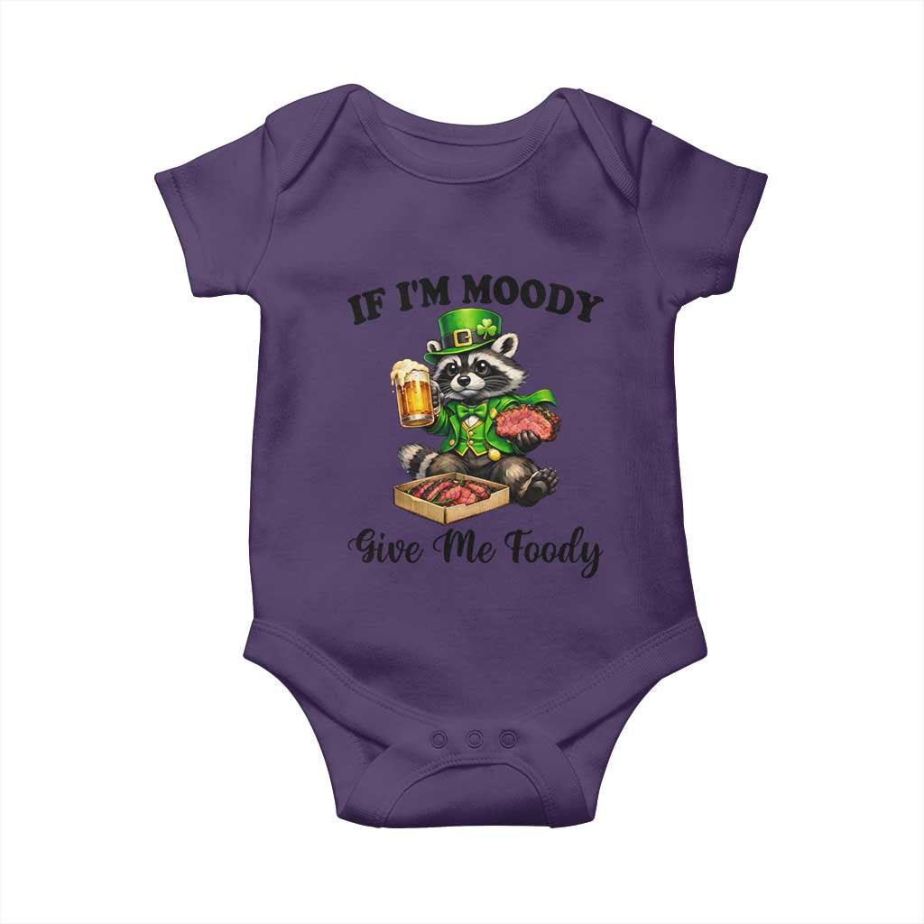 Funny Raccoon St Patricks Day Baby Onesie If I'm Moody Give Me Foody