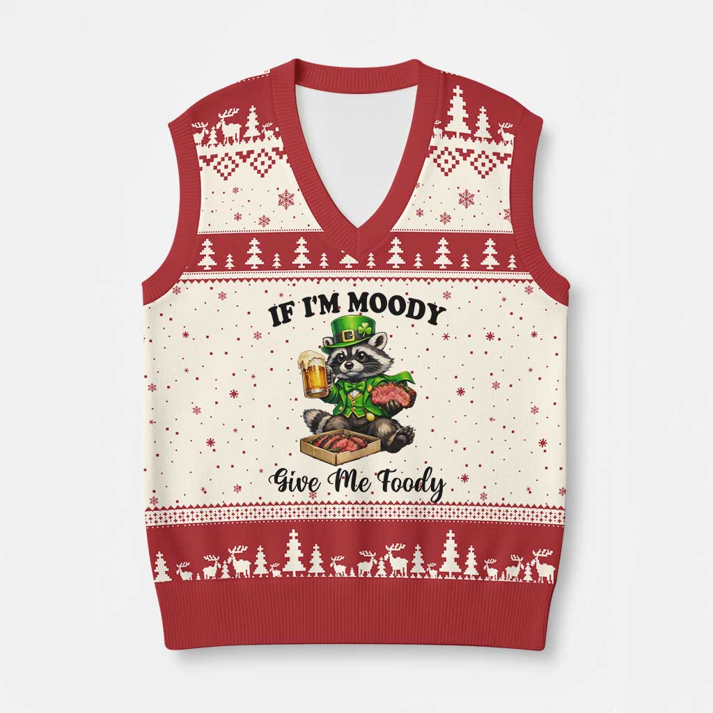 Funny Raccoon St Patricks Day V-Neck Knit Sweater Vest If I'm Moody Give Me Foody