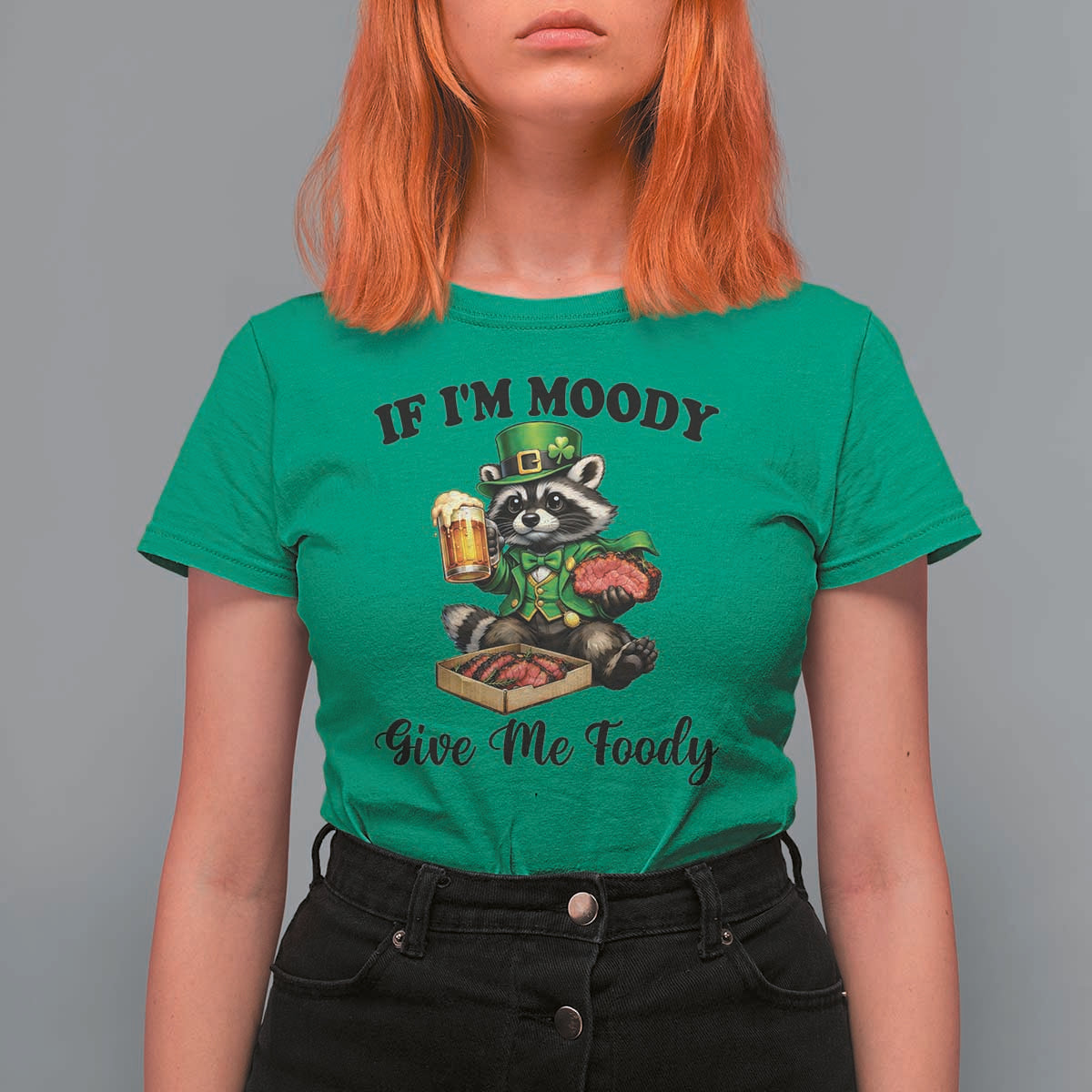 Funny Raccoon St Patricks Day T Shirt For Women If I'm Moody Give Me Foody