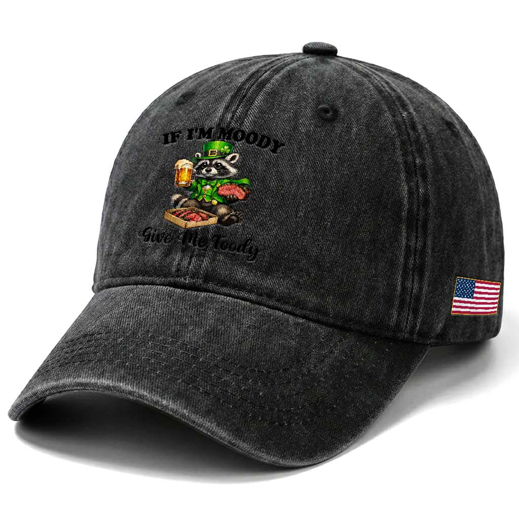 Funny Raccoon St Patricks Day Washed Cotton Baseball Cap If I'm Moody Give Me Foody