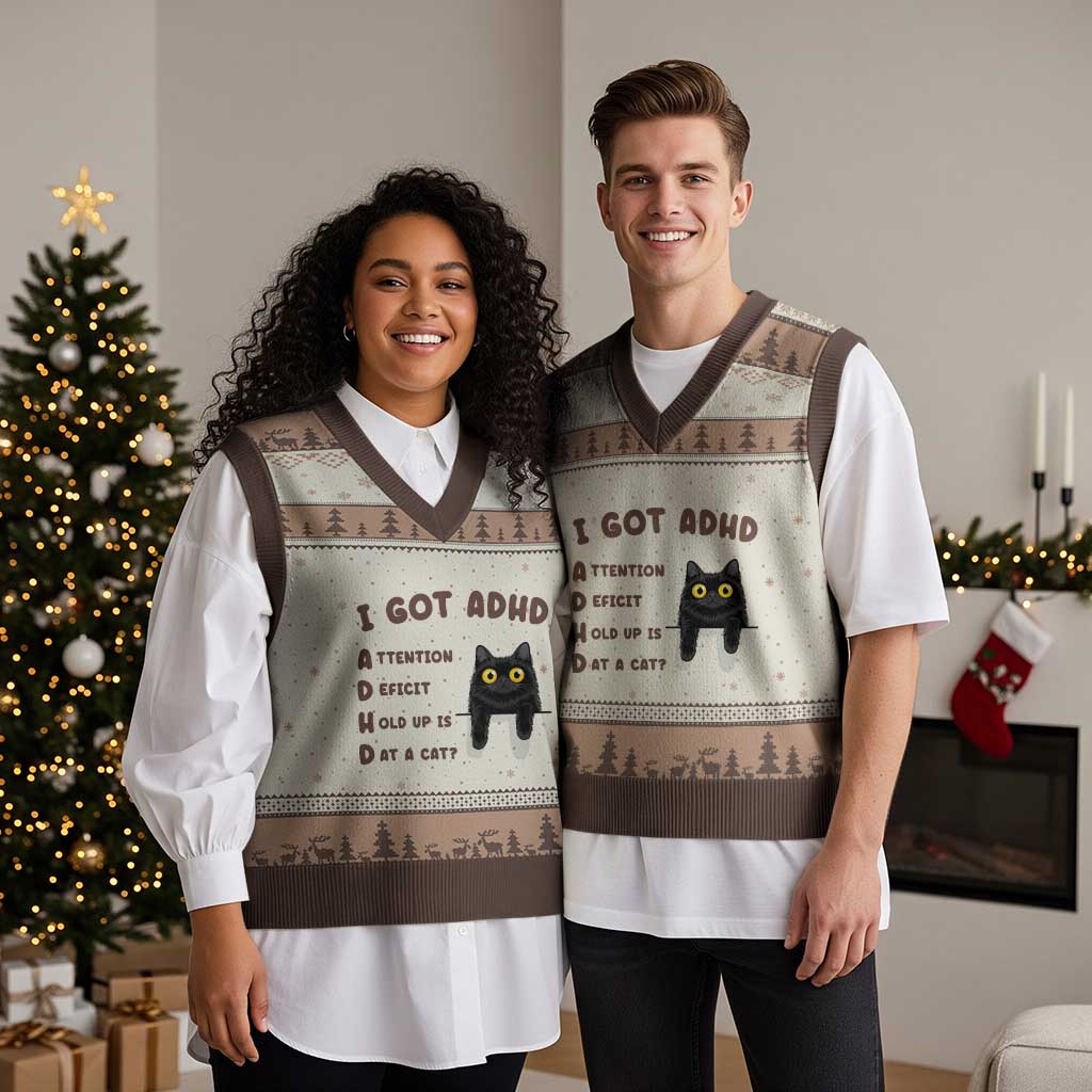 I Got ADHD is that A Cat V-Neck Knit Sweater Vest Funny Cat Lover