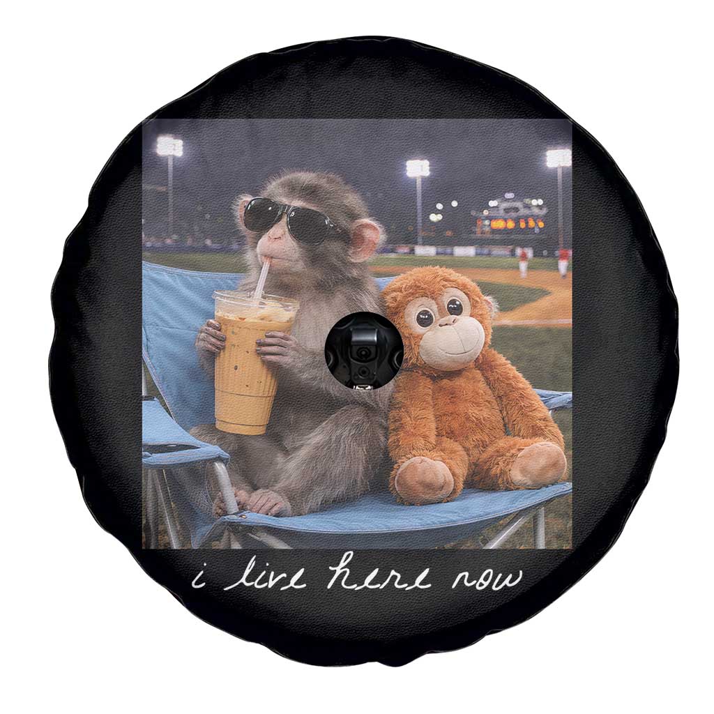Funny Punch Monkey Baseball Spare Tire Cover I Live Here Now Ballpark Graphic