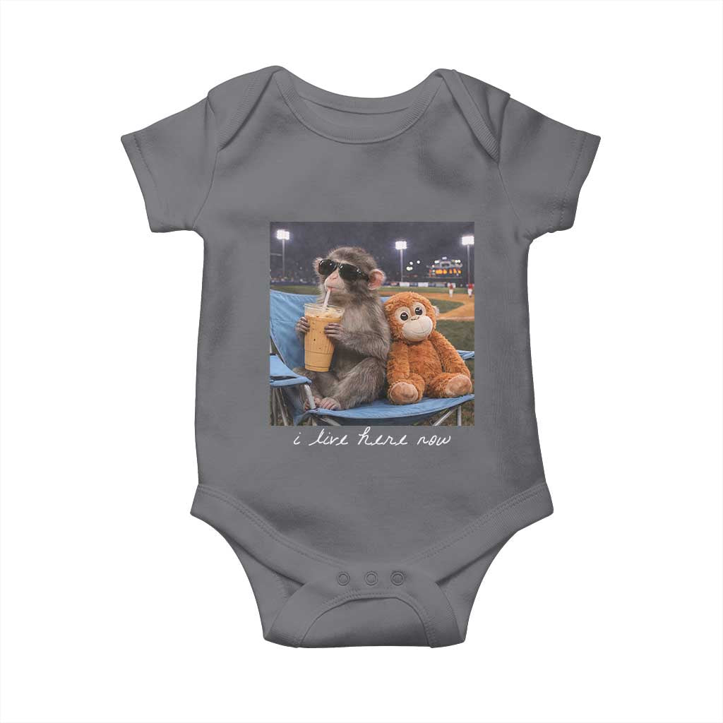 Funny Punch Monkey Baseball Baby Onesie I Live Here Now Ballpark Graphic