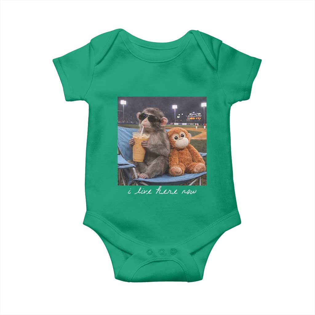 Funny Punch Monkey Baseball Baby Onesie I Live Here Now Ballpark Graphic