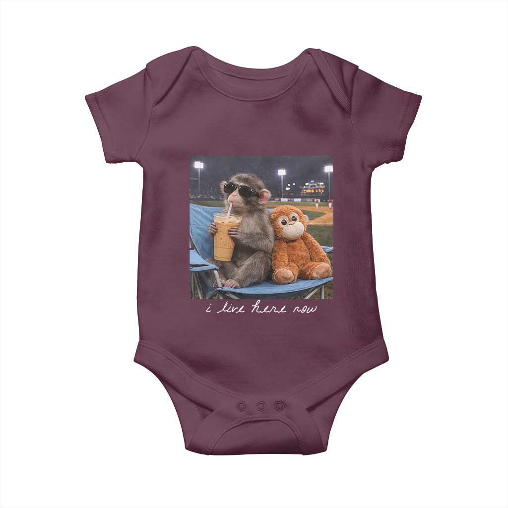 Funny Punch Monkey Baseball Baby Onesie I Live Here Now Ballpark Graphic