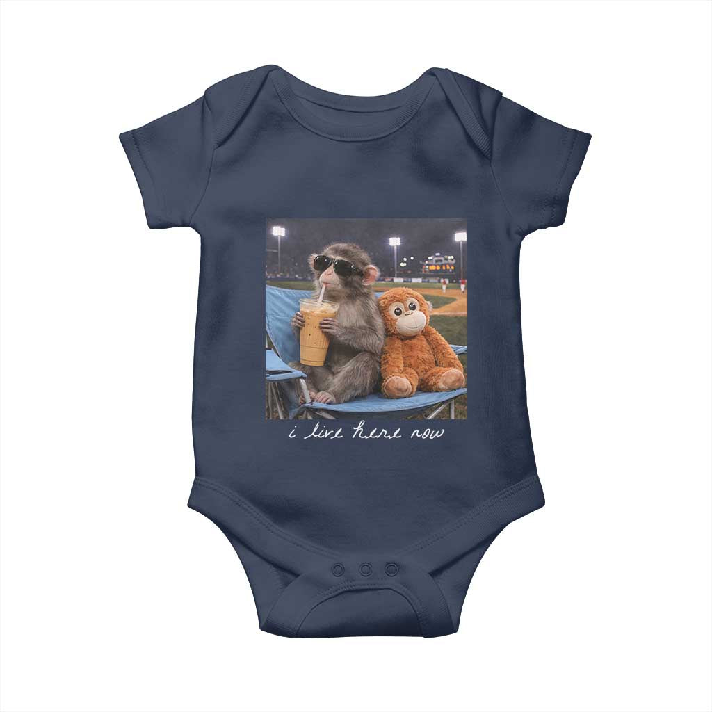 Funny Punch Monkey Baseball Baby Onesie I Live Here Now Ballpark Graphic