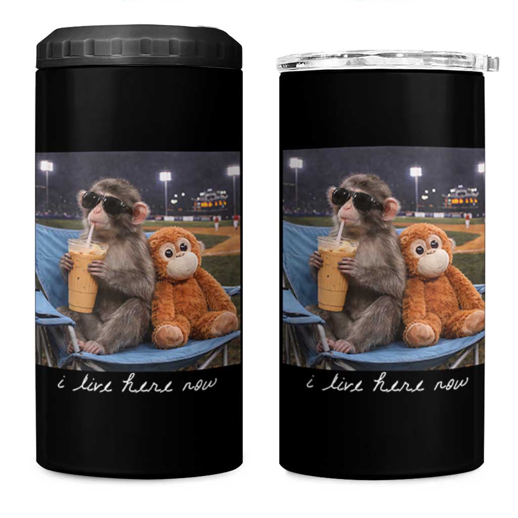 Funny Punch Monkey Baseball 4 in 1 Can Cooler Tumbler I Live Here Now Ballpark Graphic