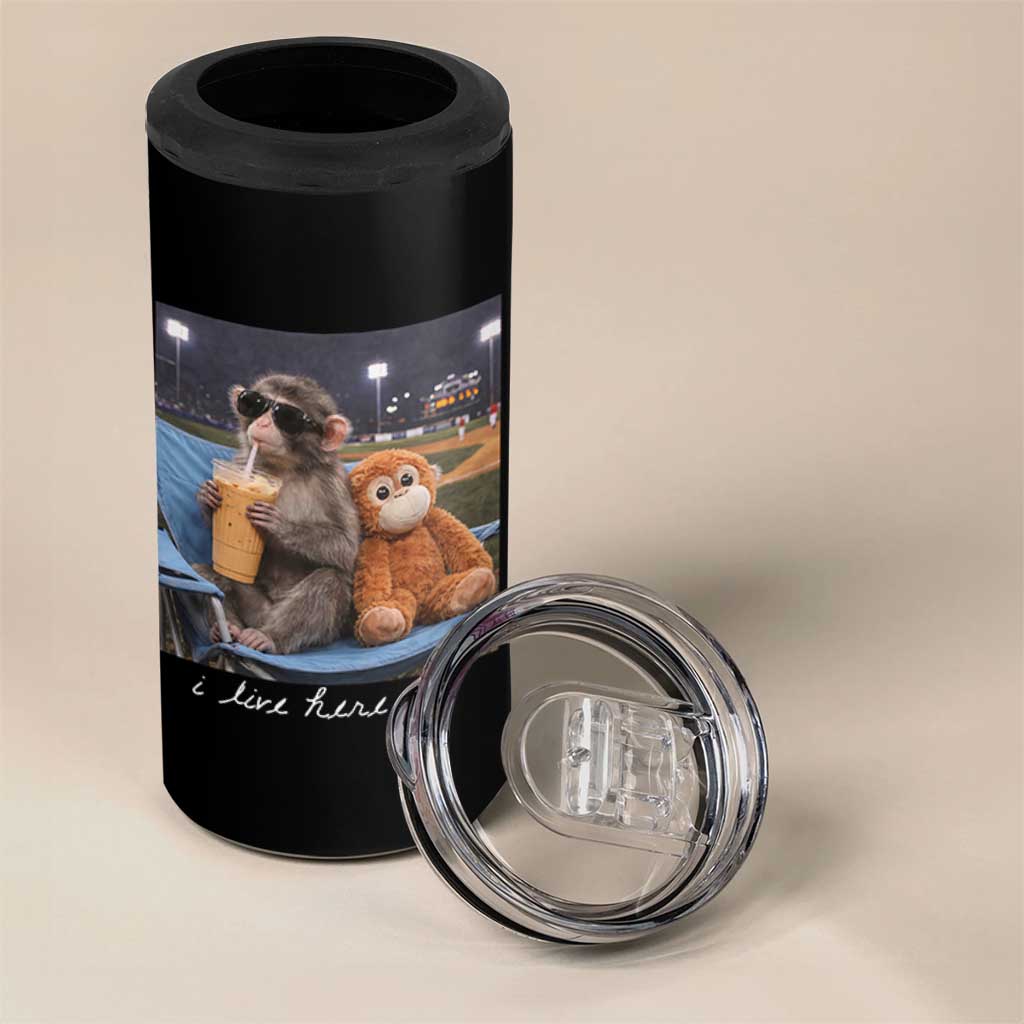 Funny Punch Monkey Baseball 4 in 1 Can Cooler Tumbler I Live Here Now Ballpark Graphic