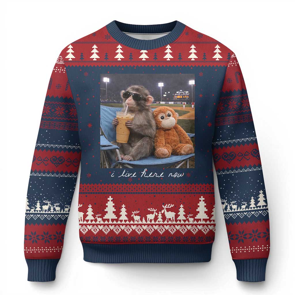 Funny Punch Monkey Baseball Ugly Christmas Sweater I Live Here Now Ballpark Graphic