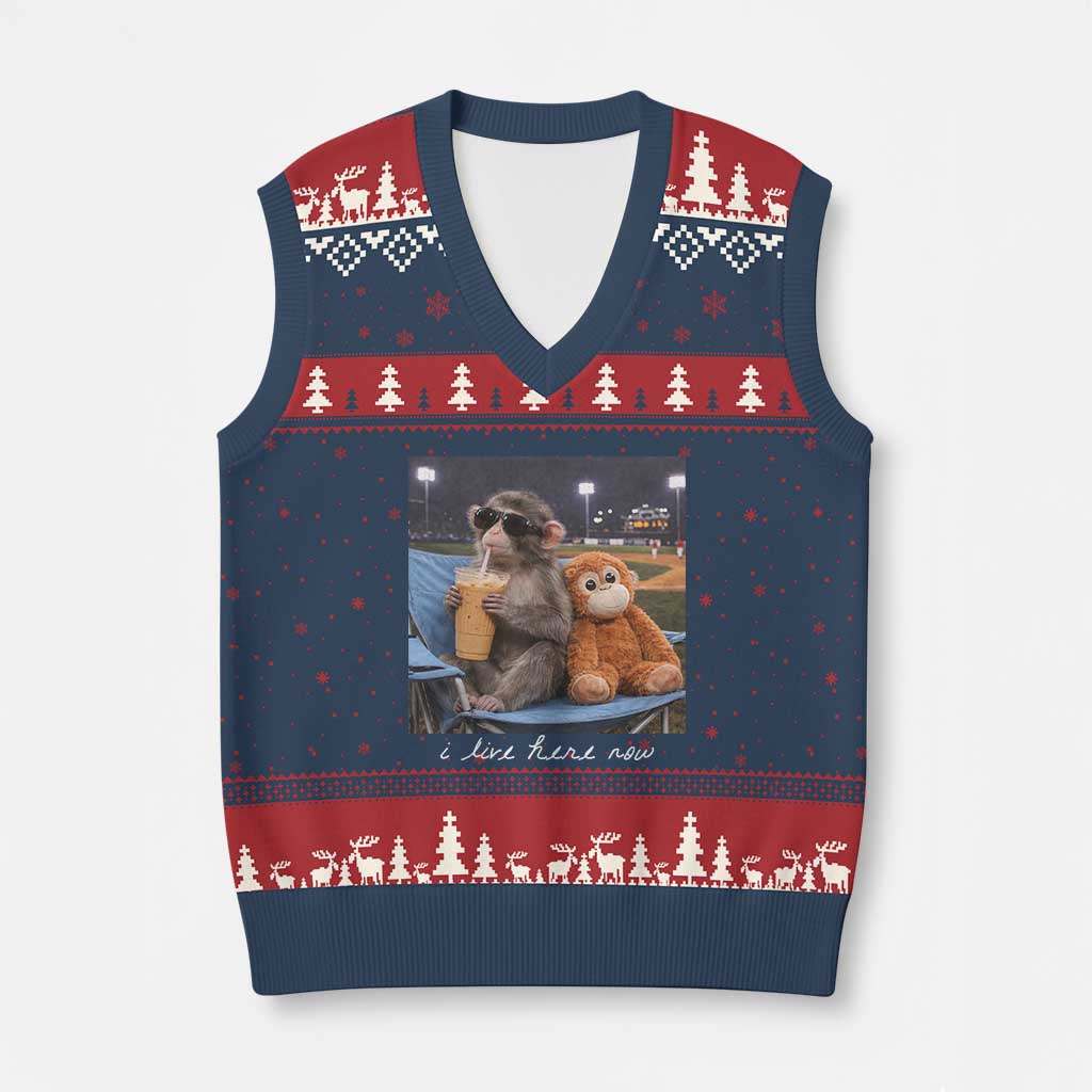 Funny Punch Monkey Baseball V-Neck Knit Sweater Vest I Live Here Now Ballpark Graphic
