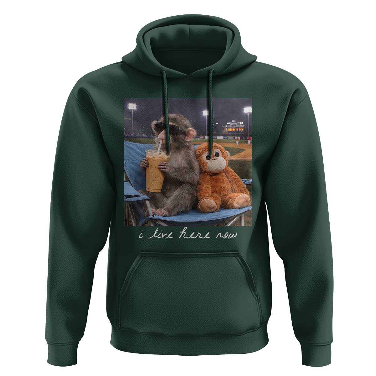Funny Punch Monkey Baseball Hoodie I Live Here Now Ballpark Graphic