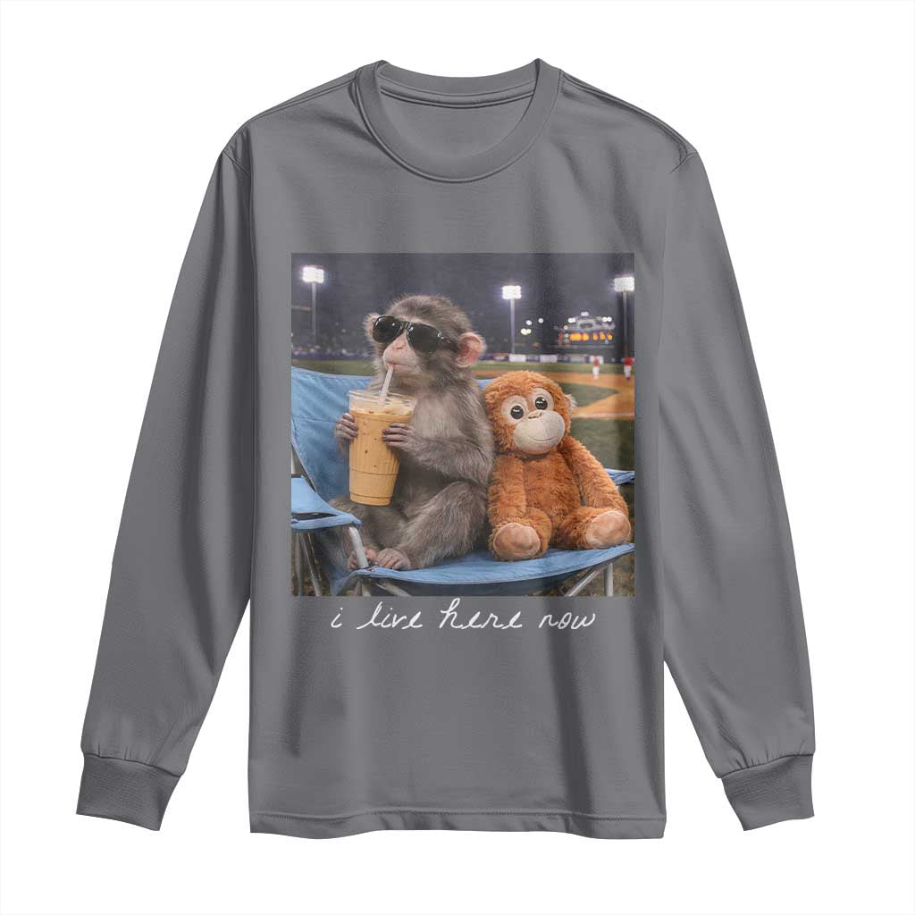 Funny Punch Monkey Baseball Long Sleeve Shirt I Live Here Now Ballpark Graphic