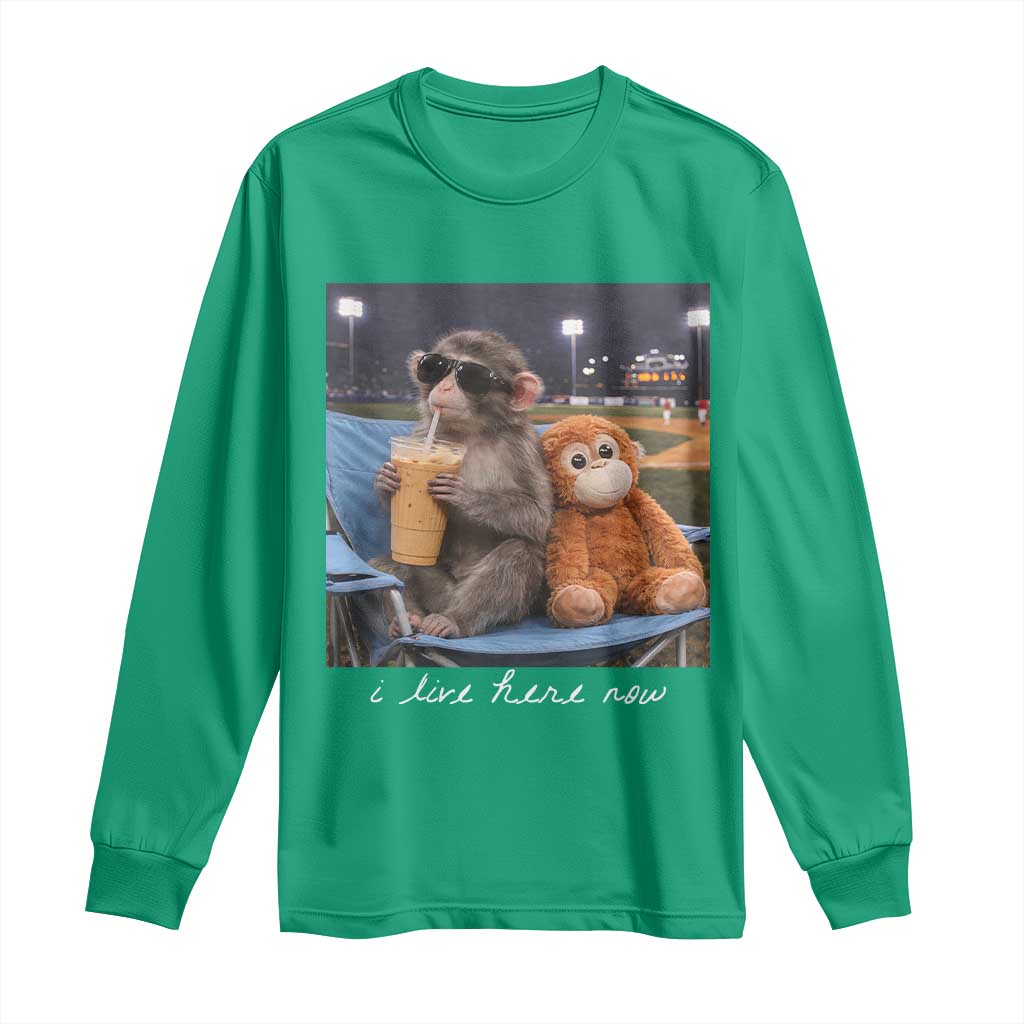 Funny Punch Monkey Baseball Long Sleeve Shirt I Live Here Now Ballpark Graphic