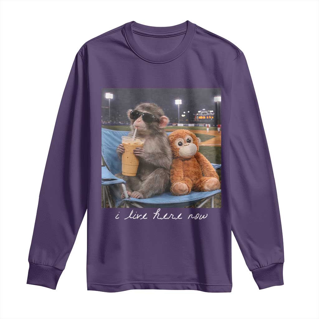 Funny Punch Monkey Baseball Long Sleeve Shirt I Live Here Now Ballpark Graphic