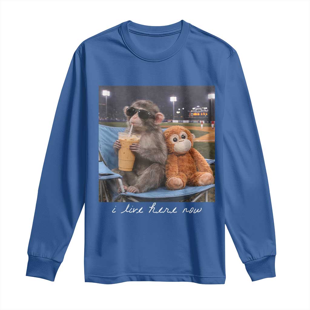 Funny Punch Monkey Baseball Long Sleeve Shirt I Live Here Now Ballpark Graphic