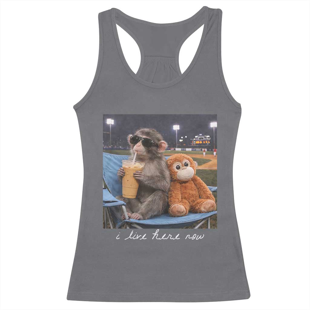 Funny Punch Monkey Baseball Racerback Tank Top I Live Here Now Ballpark Graphic
