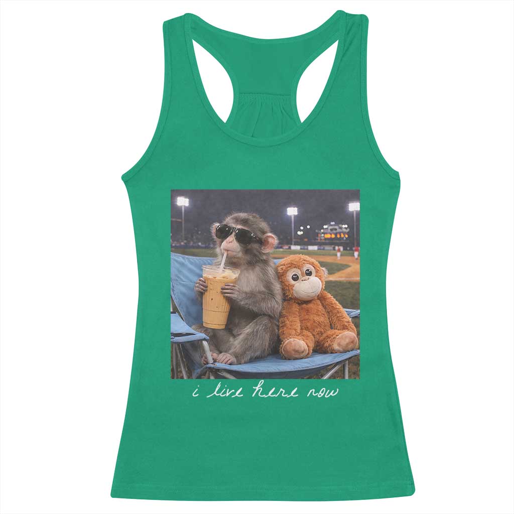 Funny Punch Monkey Baseball Racerback Tank Top I Live Here Now Ballpark Graphic
