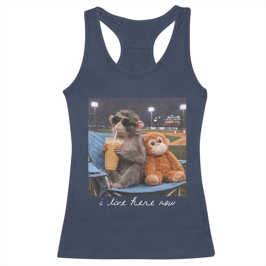 Funny Punch Monkey Baseball Racerback Tank Top I Live Here Now Ballpark Graphic