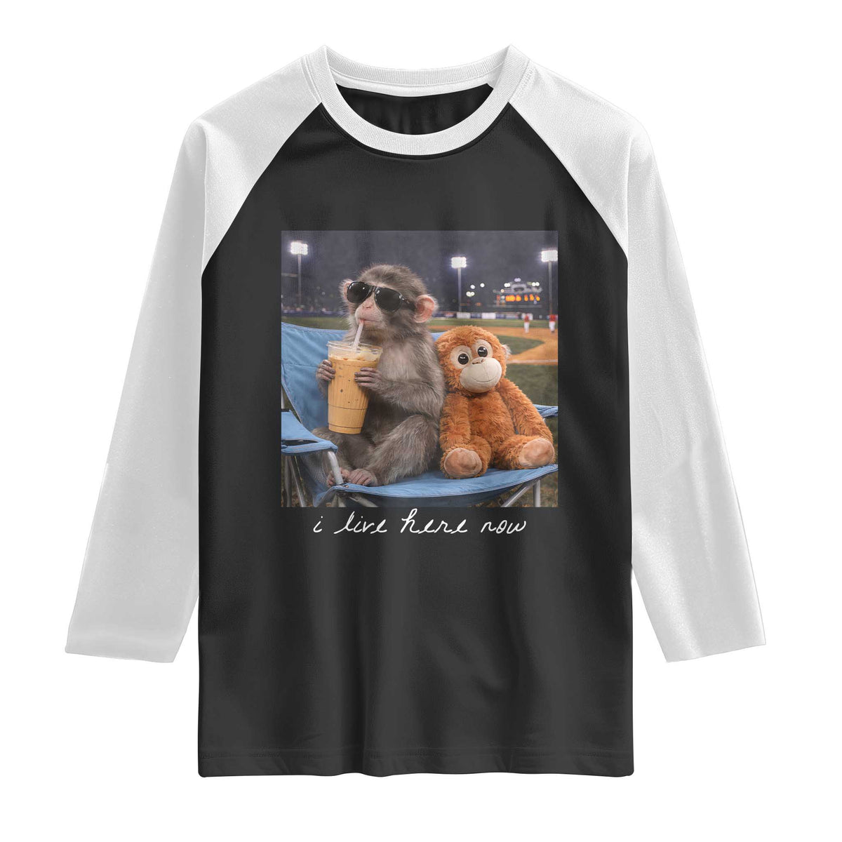 Funny Punch Monkey Baseball Raglan Shirt I Live Here Now Ballpark Graphic