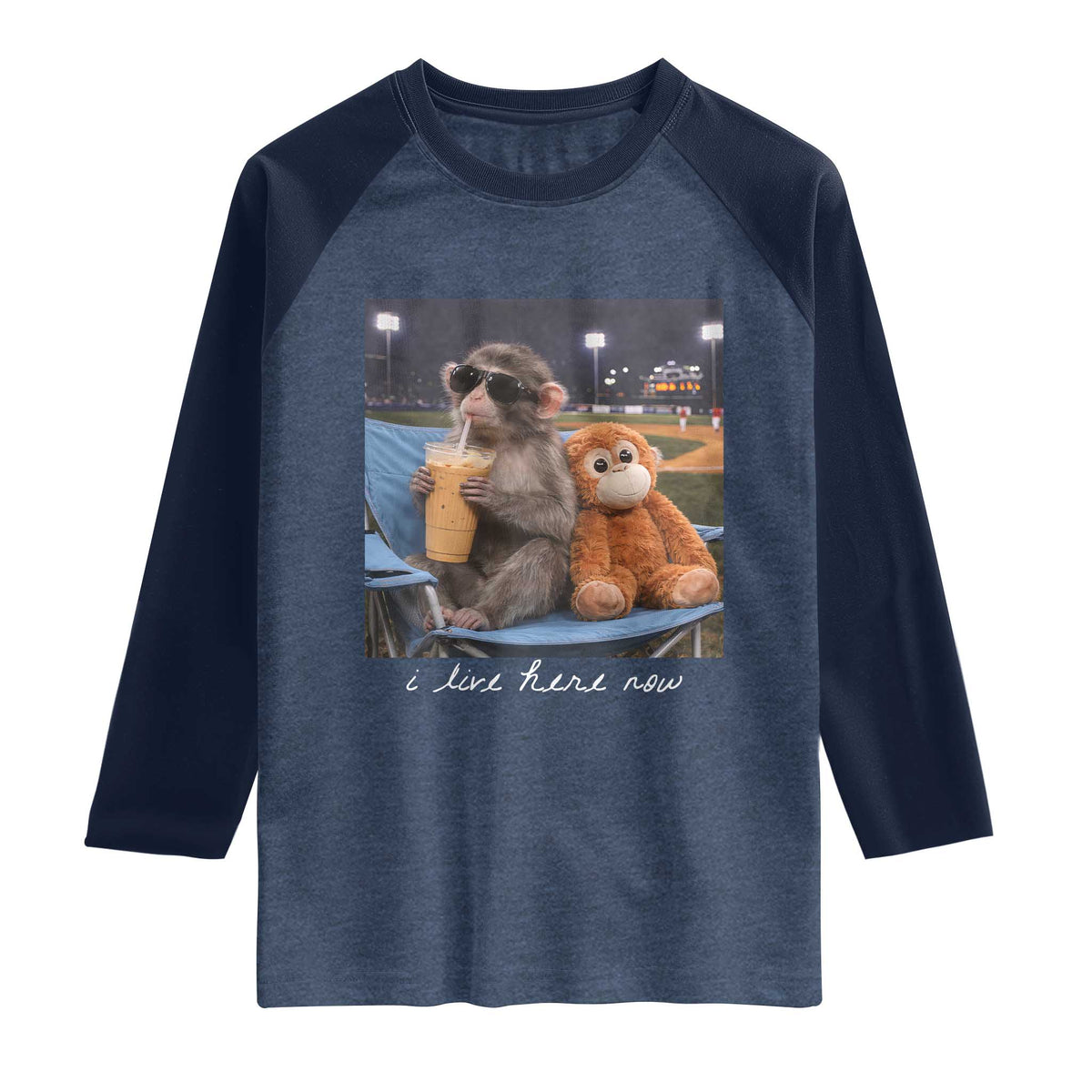 Funny Punch Monkey Baseball Raglan Shirt I Live Here Now Ballpark Graphic