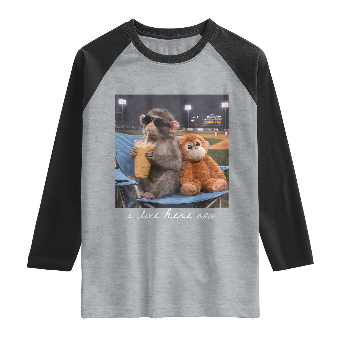 Funny Punch Monkey Baseball Raglan Shirt I Live Here Now Ballpark Graphic