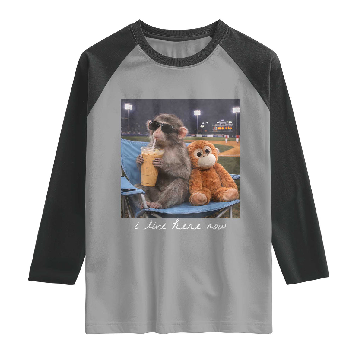 Funny Punch Monkey Baseball Raglan Shirt I Live Here Now Ballpark Graphic