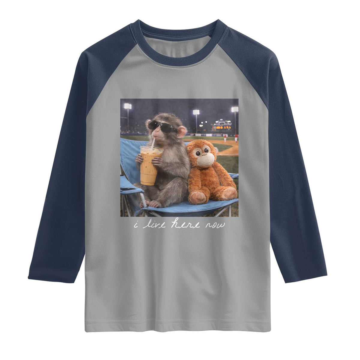 Funny Punch Monkey Baseball Raglan Shirt I Live Here Now Ballpark Graphic