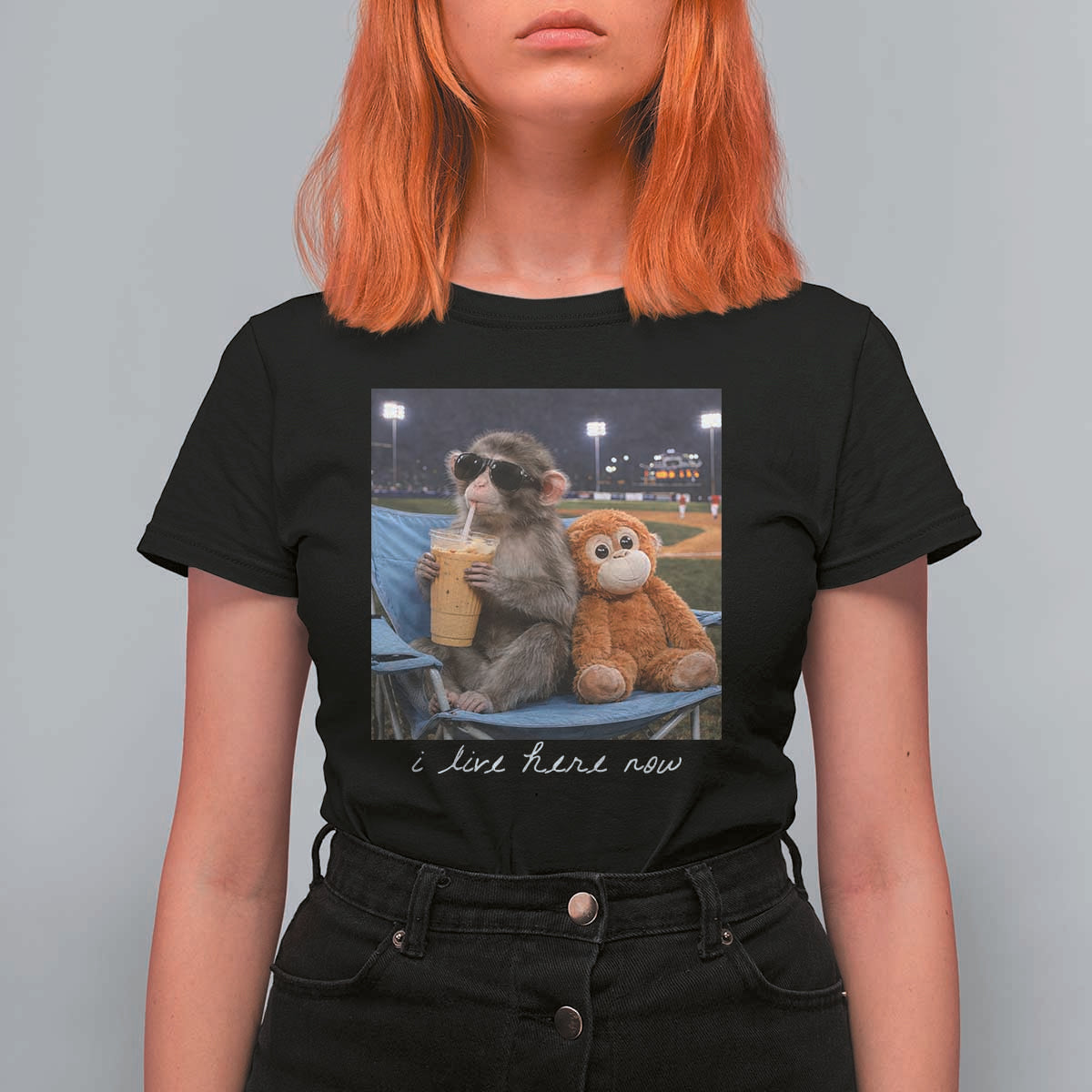 Funny Punch Monkey Baseball T Shirt For Women I Live Here Now Ballpark Graphic