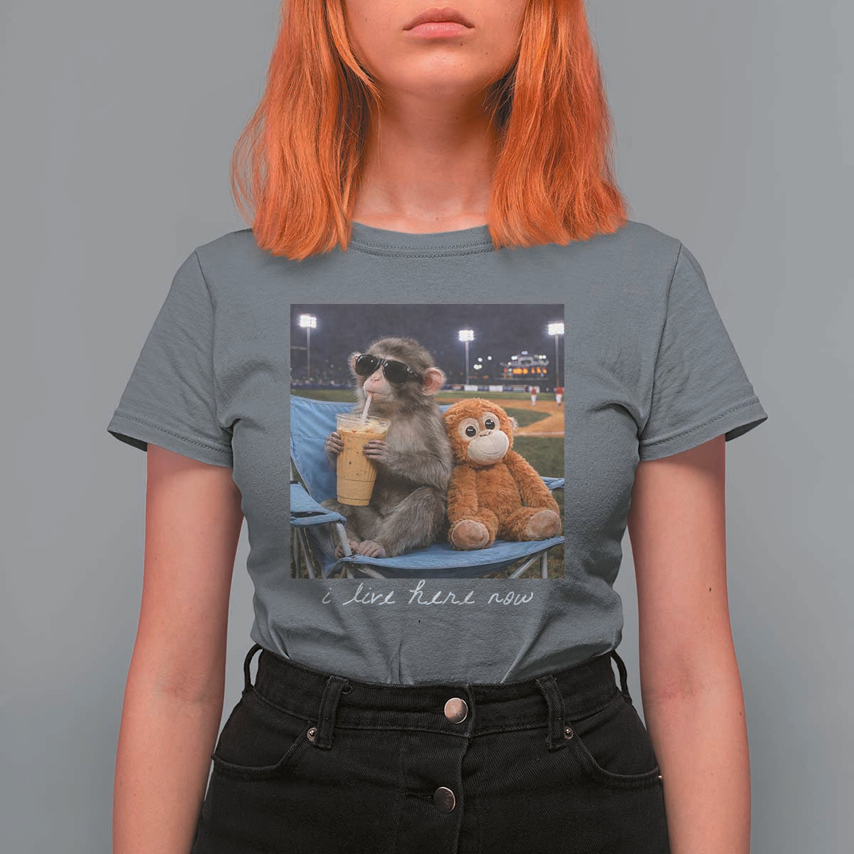 Funny Punch Monkey Baseball T Shirt For Women I Live Here Now Ballpark Graphic