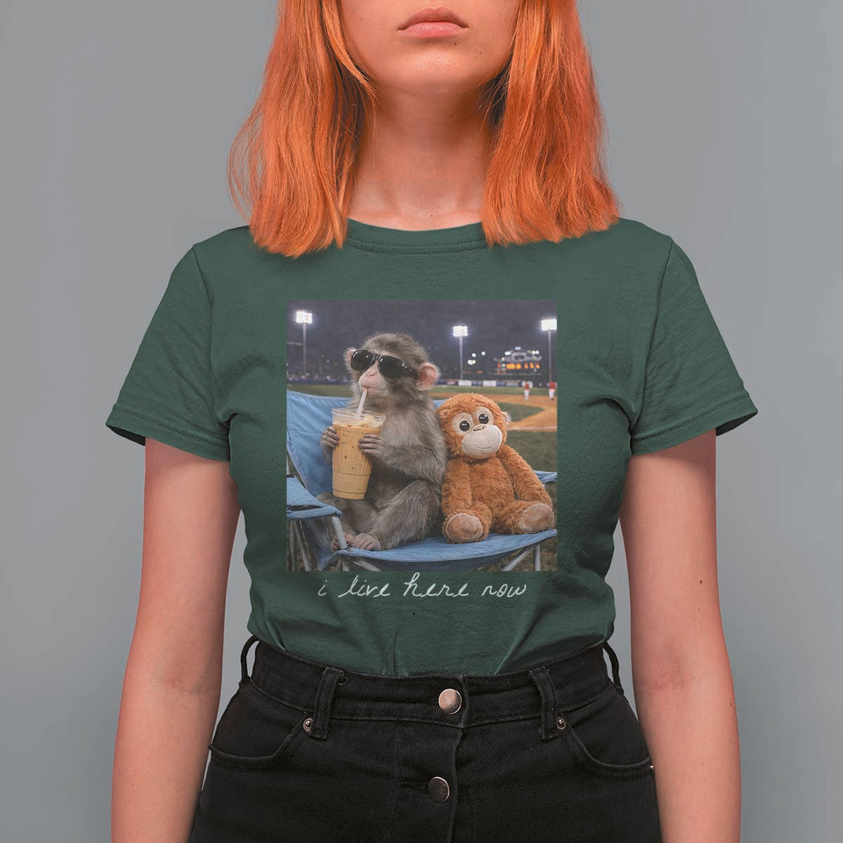 Funny Punch Monkey Baseball T Shirt For Women I Live Here Now Ballpark Graphic