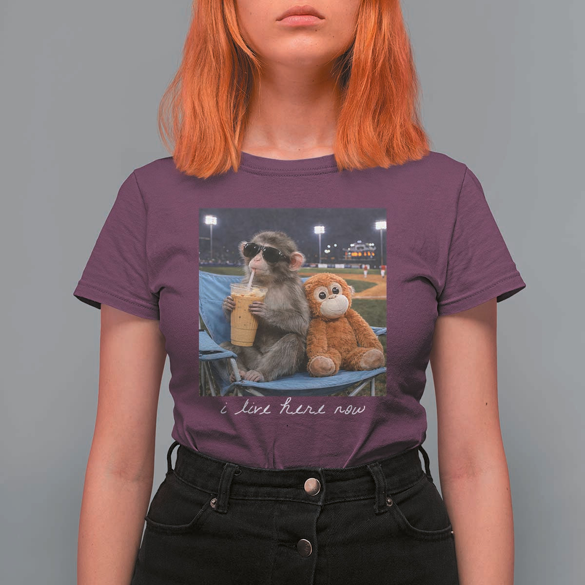 Funny Punch Monkey Baseball T Shirt For Women I Live Here Now Ballpark Graphic