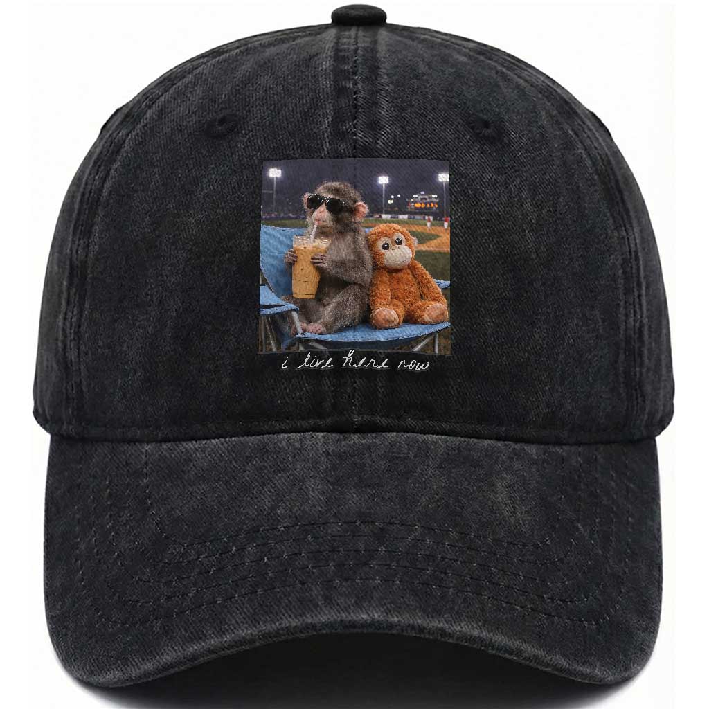 Funny Punch Monkey Baseball Washed Cotton Baseball Cap I Live Here Now Ballpark Graphic