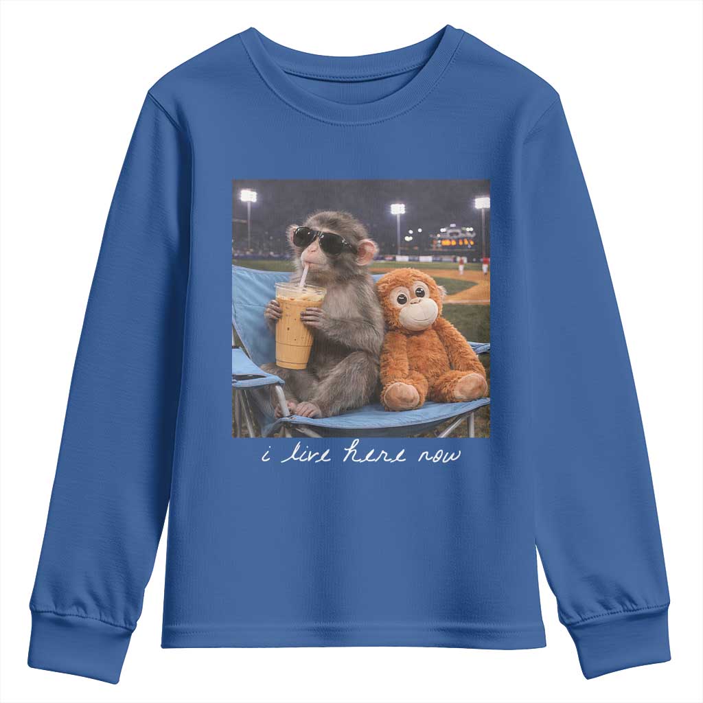 Funny Punch Monkey Baseball Youth Sweatshirt I Live Here Now Ballpark Graphic