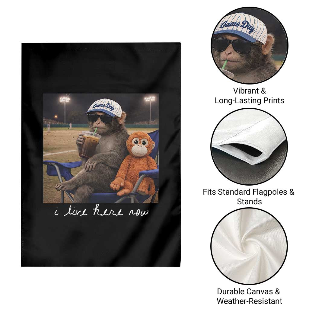 I Live Here Now Punch Monkey Garden Flag Funny Drinking Iced Coffee Baseball Field