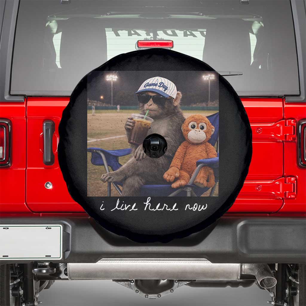 I Live Here Now Punch Monkey Spare Tire Cover Funny Drinking Iced Coffee Baseball Field