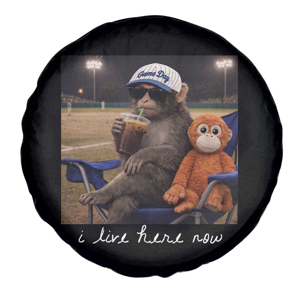 I Live Here Now Punch Monkey Spare Tire Cover Funny Drinking Iced Coffee Baseball Field