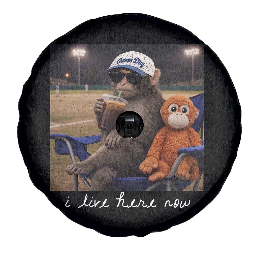 I Live Here Now Punch Monkey Spare Tire Cover Funny Drinking Iced Coffee Baseball Field