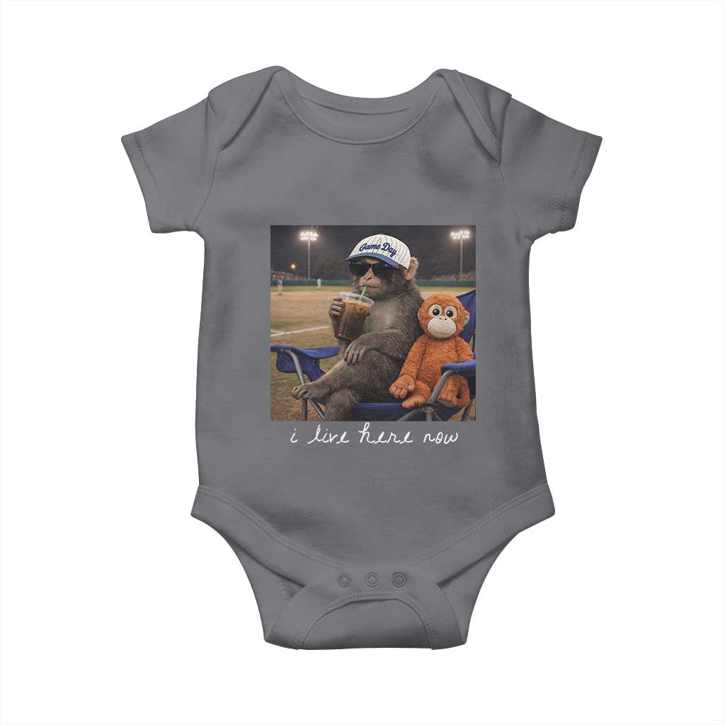 I Live Here Now Punch Monkey Baby Onesie Funny Drinking Iced Coffee Baseball Field