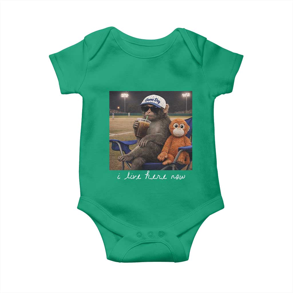 I Live Here Now Punch Monkey Baby Onesie Funny Drinking Iced Coffee Baseball Field