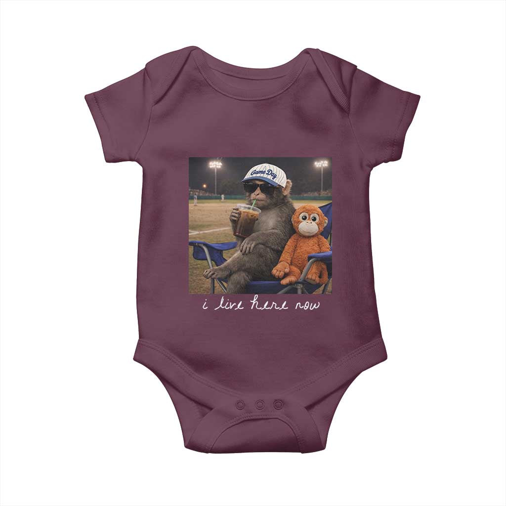 I Live Here Now Punch Monkey Baby Onesie Funny Drinking Iced Coffee Baseball Field