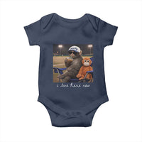 I Live Here Now Punch Monkey Baby Onesie Funny Drinking Iced Coffee Baseball Field