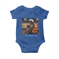 I Live Here Now Punch Monkey Baby Onesie Funny Drinking Iced Coffee Baseball Field
