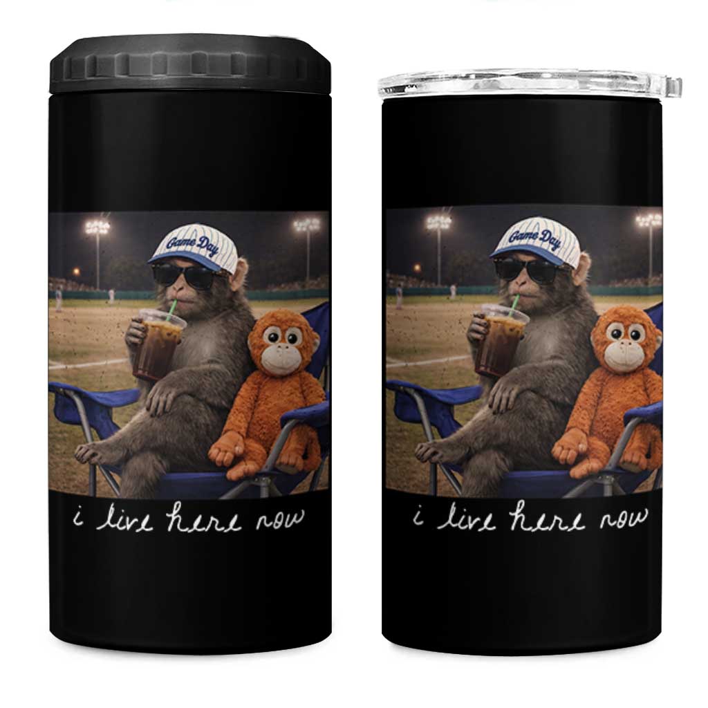 I Live Here Now Punch Monkey 4 in 1 Can Cooler Tumbler Funny Drinking Iced Coffee Baseball Field
