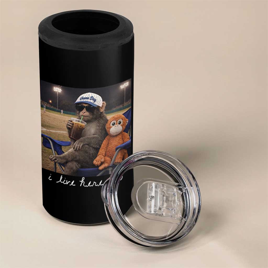 I Live Here Now Punch Monkey 4 in 1 Can Cooler Tumbler Funny Drinking Iced Coffee Baseball Field