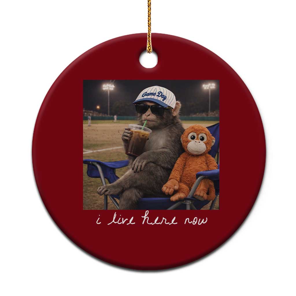 I Live Here Now Punch Monkey Ceramic Ornament Funny Drinking Iced Coffee Baseball Field
